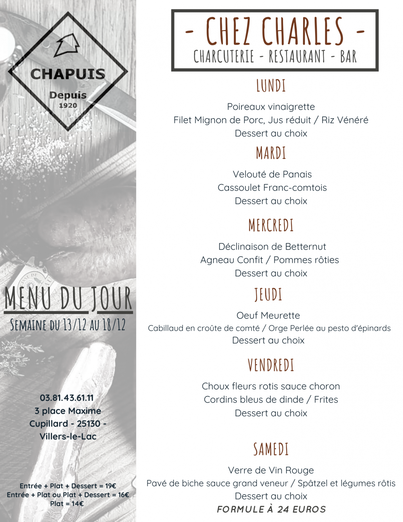 Menu de la semaine du 13/12 au 18/12