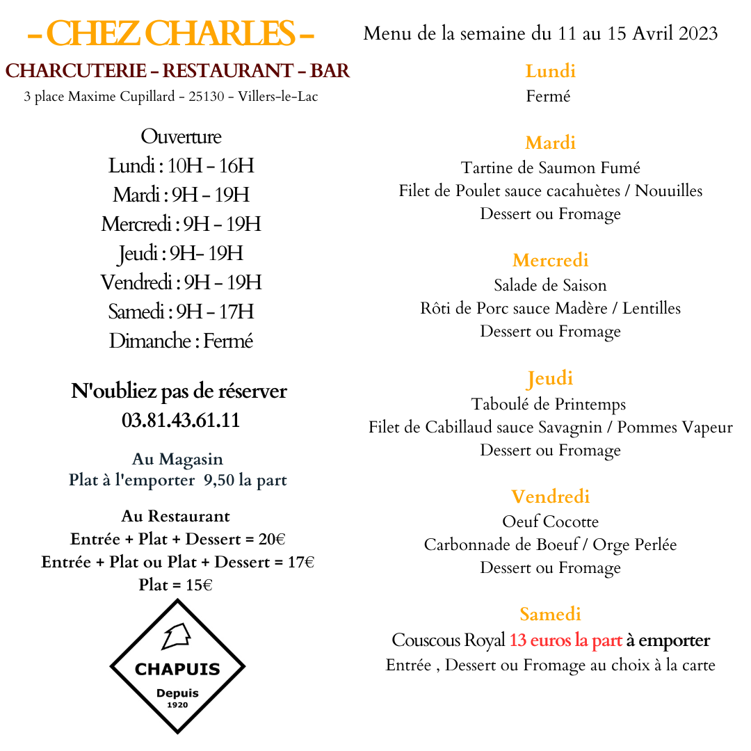 Menu du 11 au 15 Avril