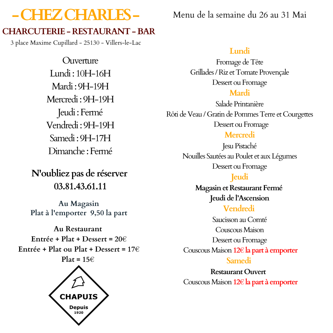 Menu du 26 au 31 mai