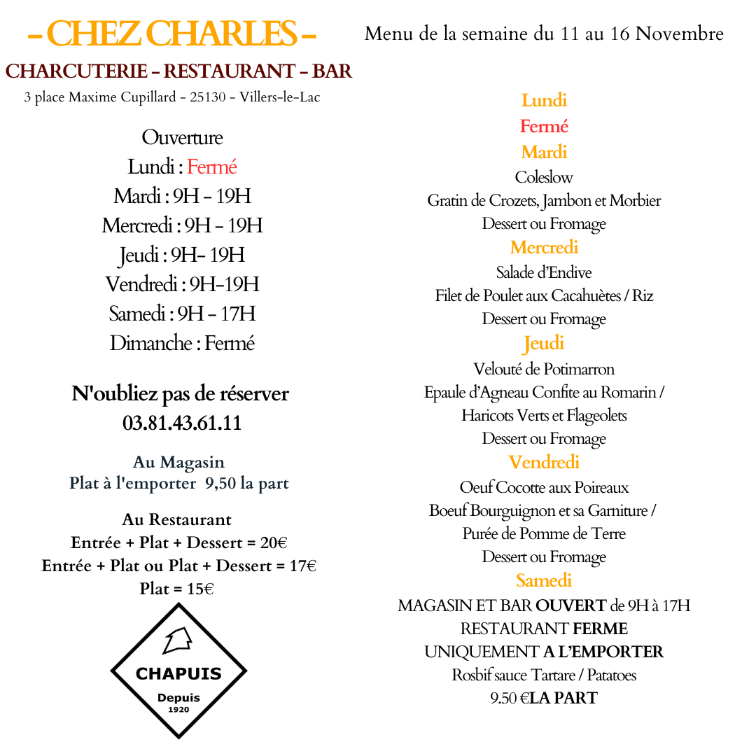 Menu de 11 au 16 Novembre