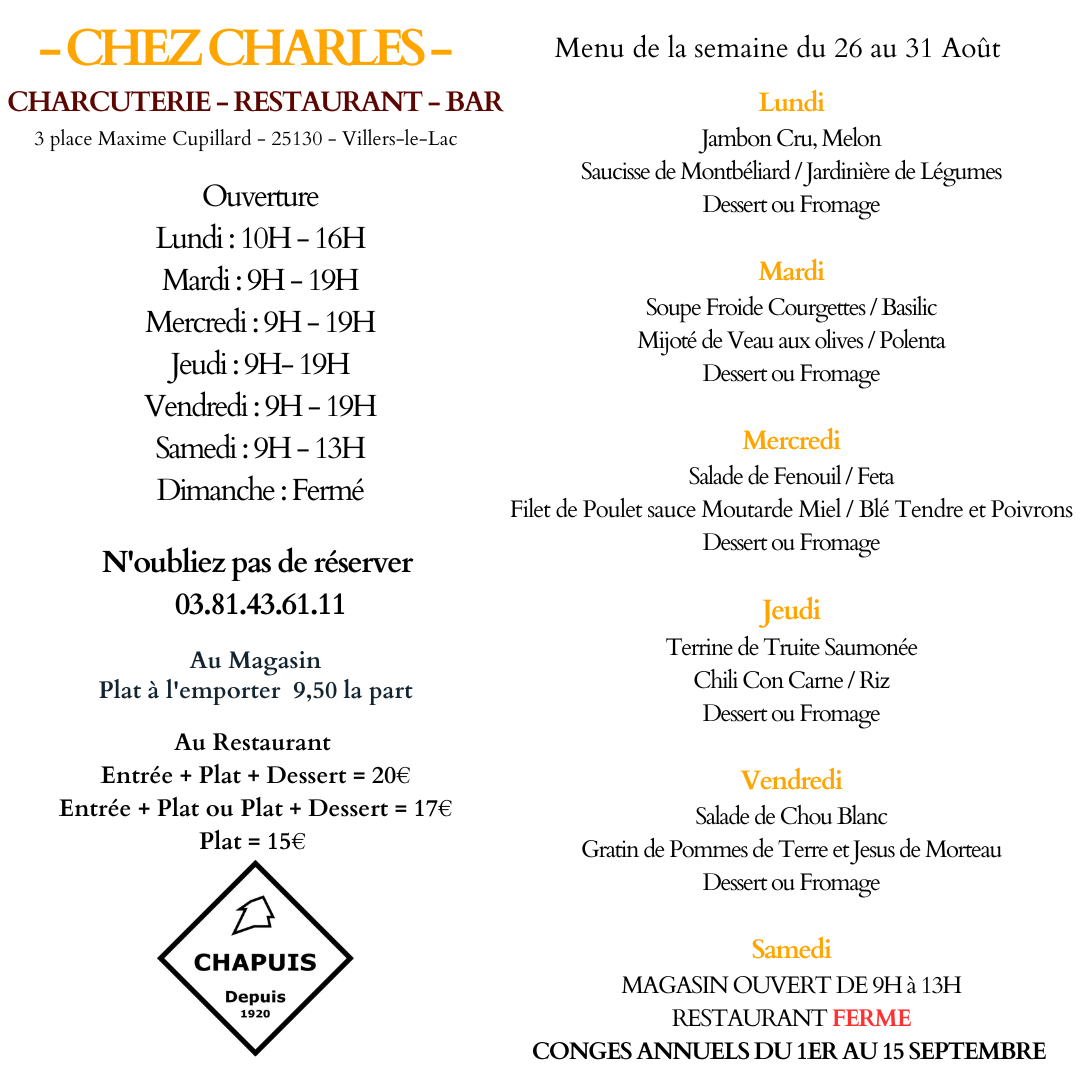 Menu du 26 au 31 Août