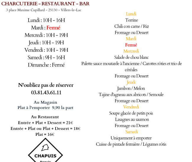 MENU DU 13 AU 18 JUILLET