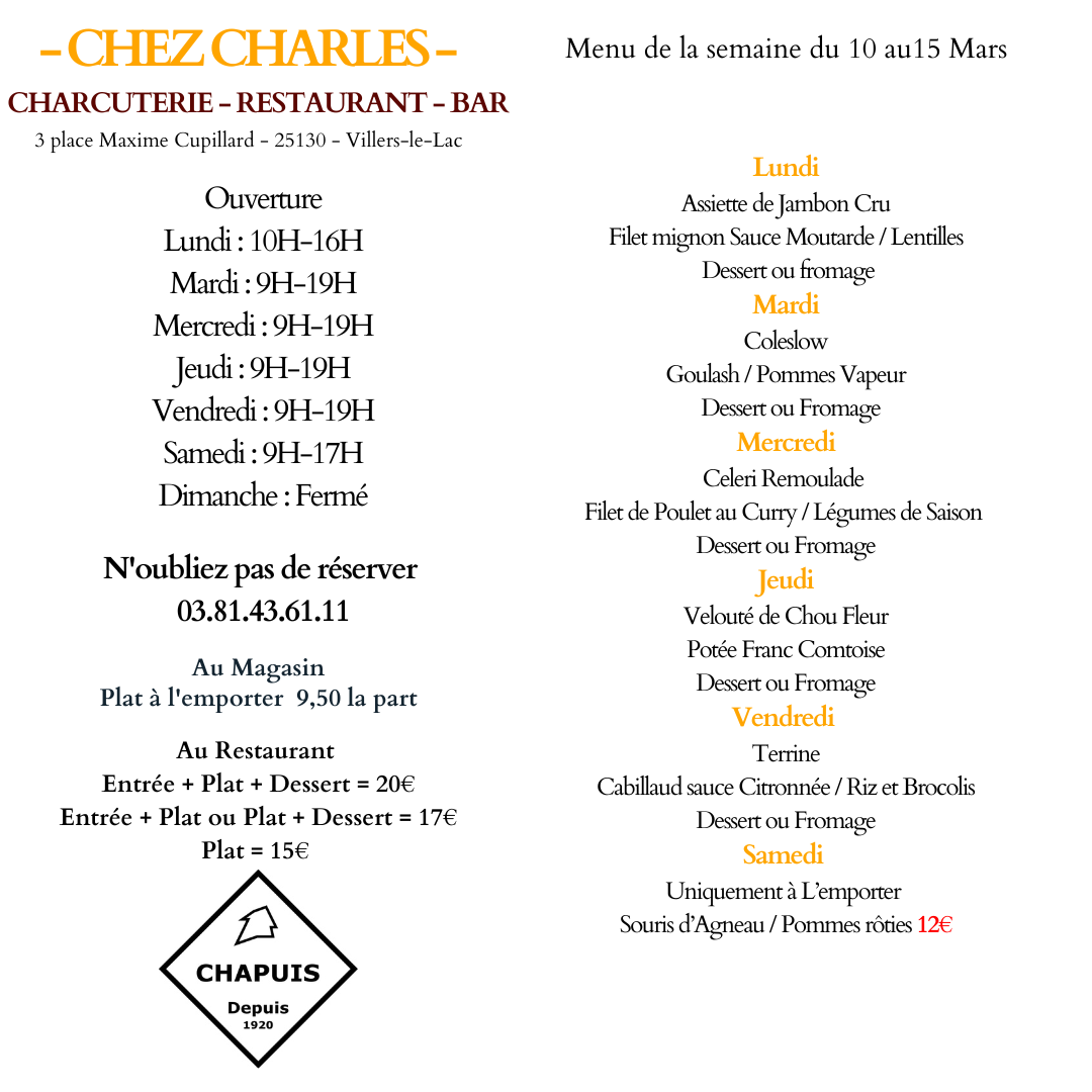 Menu du 10 au 15 Mars