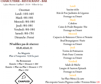 Menu du 29 Septembre au 4 Octobre