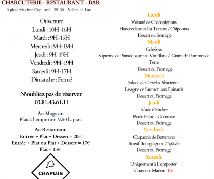 Menu du 27 au 31 Janvier 2025