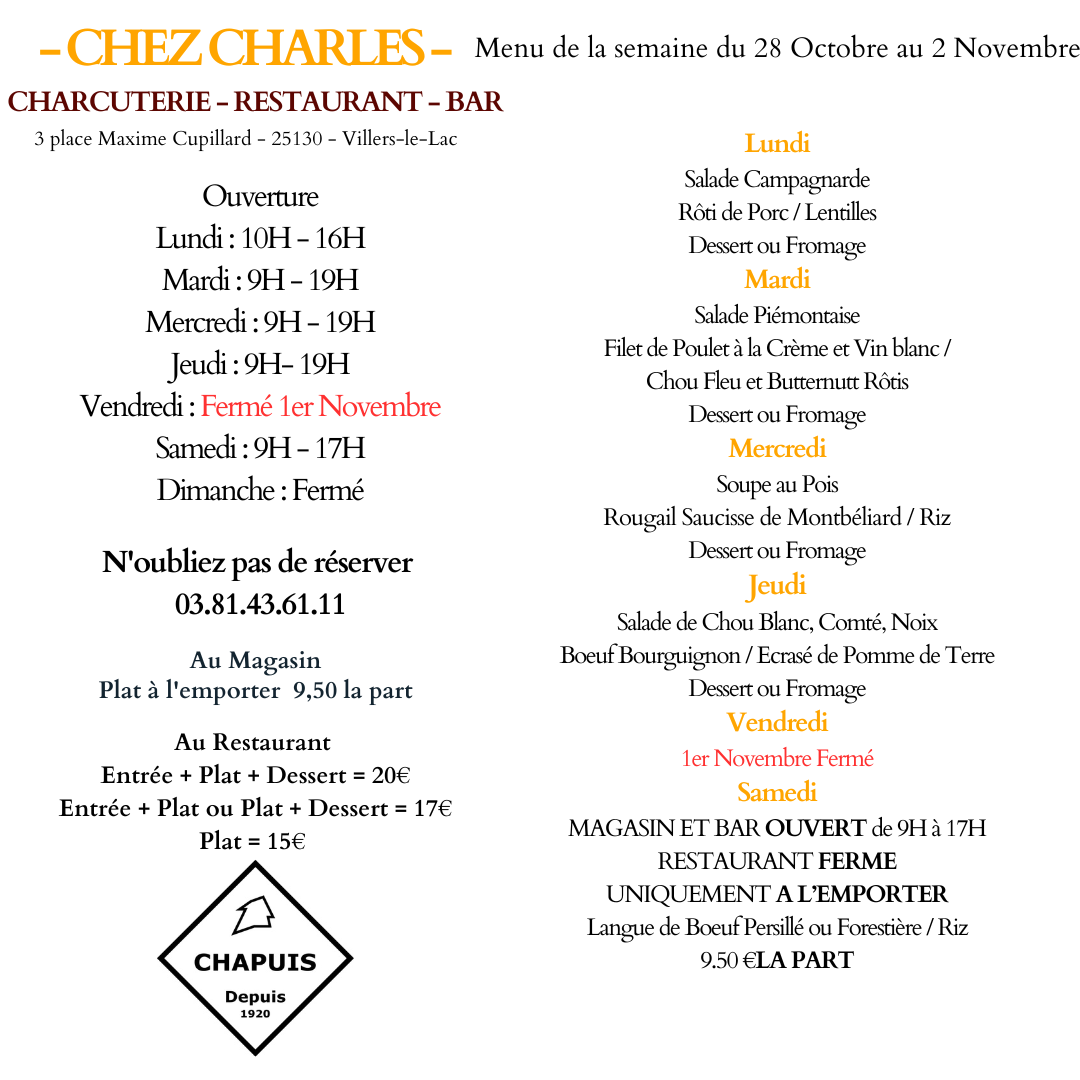 Menu de la semaine du 28/10 au 02/11