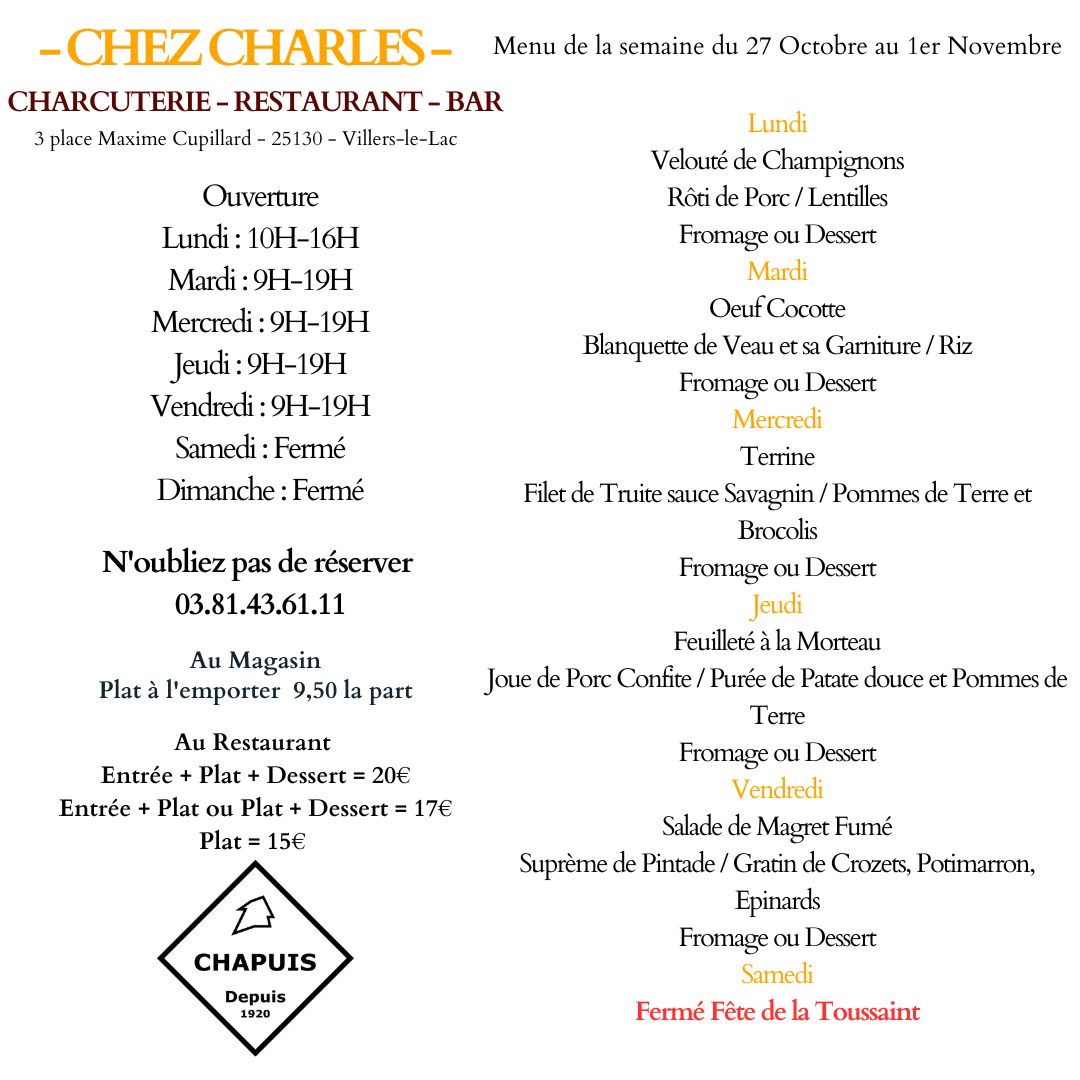 Menu du 27 Octobre au 1er Novembre