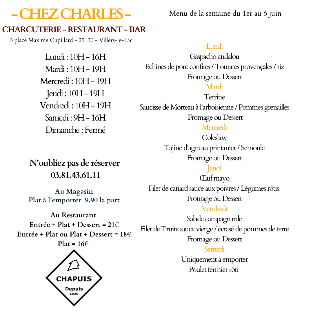 MENU DU 1 AU 6 JUIN