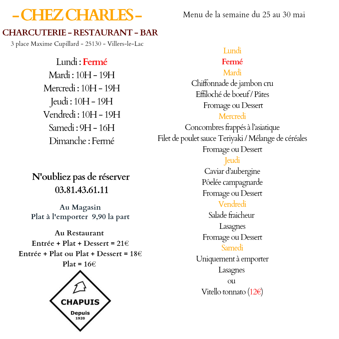 MENU DU 26 AU 30 MAI
